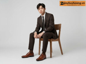 Mẫu nam mặc quần tây công sở màu đen phối giày tây da nam derby màu bò m51