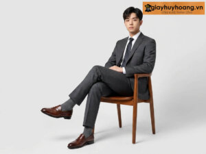 Mẫu nam mặc quần tây công sở màu nâu đậm phối giày tây da nam lười không dây loafer hh28hos