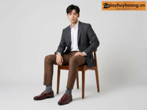 Mẫu nam mặc quần tây công sở màu nâu nhạt phối giày tây da nam lười không dây loafer m2008 nâu