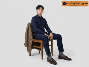 Mẫu nam mặc quần tây công sở màu xanh navy phối giày tây da nam lười không dây loafer u1228 màu nâu