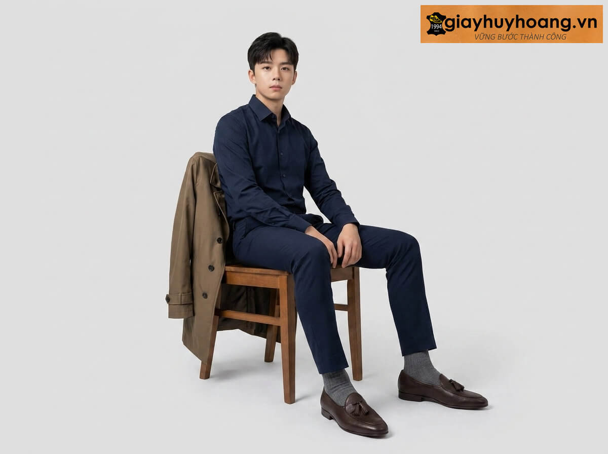 mau-mac-quan-tay-phoi-voi-giay-da-nam-loafer-u1228-02 Mẫu nam mặc quần tây công sở màu xanh navy phối giày tây da nam lười không dây loafer u1228 màu nâu