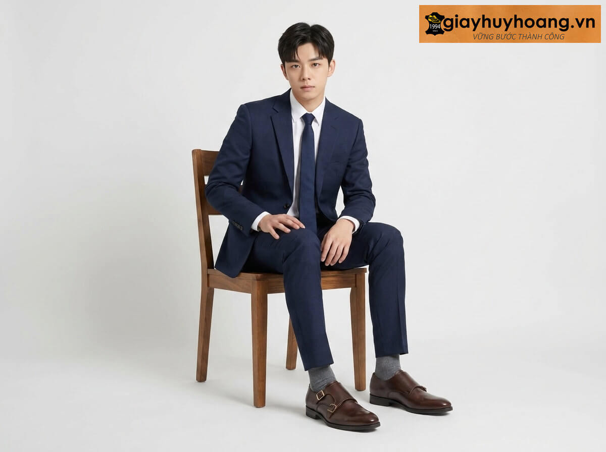 mau-mac-quan-tay-phoi-voi-giay-da-nam-monkstrap-m1950-01 Mẫu nam mặc quần tây công sở màu xanh navy phối giày tây da nam lười không dây loafer M1950 màu nâu
