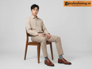 Mẫu nam mặc quần tây công sở màu kem nhạt phối giày tây da nam lười không dây monkstrap m8 màu bò