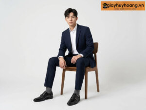Mẫu nam mặc quần tây công sở màu xanh navy phối giày tây da nam lười không dây monkstrap M8 màu đen