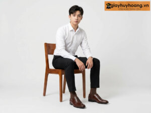 Mẫu mặc áo sơ mi quần tây đen phối với giày tây nam màu nâu oxford MMRO0123