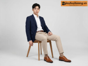 Người mẫu nam công sở mặc áo vest xám nhạt phối giày da tây nam oxford m3 màu bò