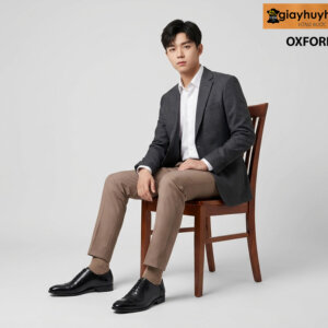 Mẫu nam mặc quần áo màu nâu nhạt phối với giày tây nam trẻ trung màu đen t06 giayhuyhoang