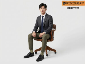 Mẫu nam mặc quần áo màu xanh rêu phối với giày tây nam derby t20 đen giayhuyhoang