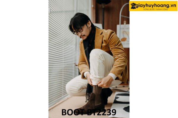 Giày boot cổ cao nam chelsea da lộn màu nâu BT2239 002