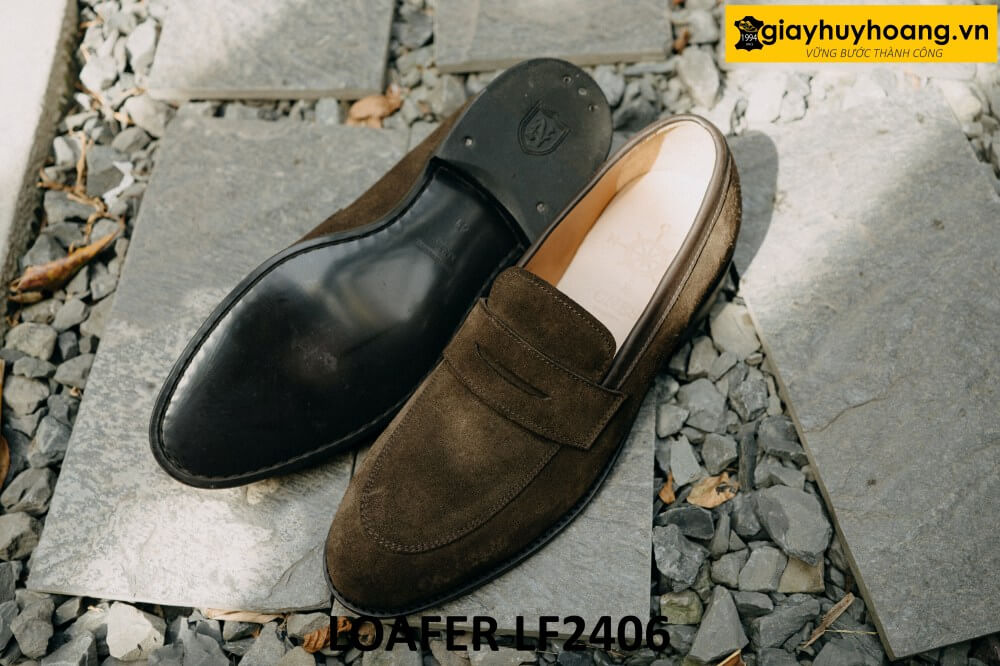 dat-dong-giay-da-nam-thu-cong-loafer-lf2406-002 Giày lười da lộn nâu nam đế khâu cao su loafer LF2406 004