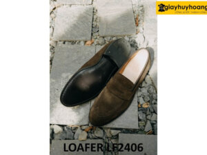 Giày lười da lộn nâu nam đế khâu cao su loafer LF2406 003