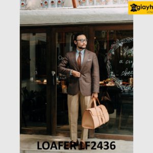 Giày da lộn nam màu nâu trẻ trung cao cấp loafer LF2436 002