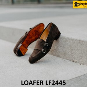 Giày lười da lộn màu nâu hai khóa monkstrap loafer LF2445 005