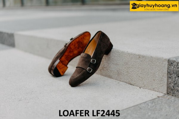 Giày lười da lộn màu nâu hai khóa monkstrap loafer LF2445 005