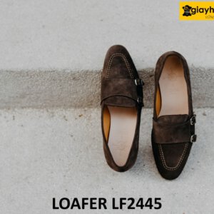 Giày lười da lộn màu nâu hai khóa monkstrap loafer LF2445 004