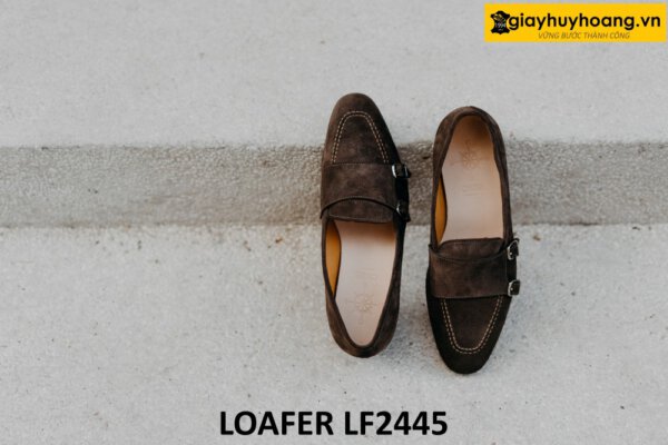 Giày lười da lộn màu nâu hai khóa monkstrap loafer LF2445 004