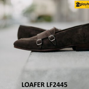 Giày lười da lộn màu nâu hai khóa monkstrap loafer LF2445 002