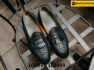 Giày lười nam da lộn màu đen vân cá sấu loafer LF2489 001