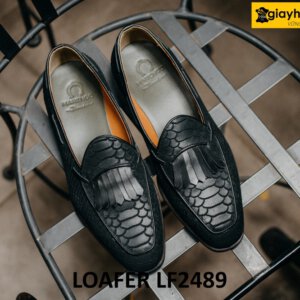 Giày lười nam da lộn màu đen vân cá sấu loafer LF2489 001