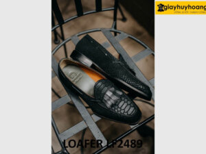 Giày lười nam da lộn màu đen vân cá sấu loafer LF2489 005