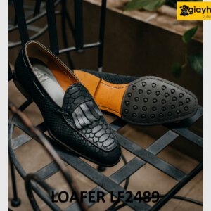 Giày lười nam da lộn màu đen vân cá sấu loafer LF2489 003