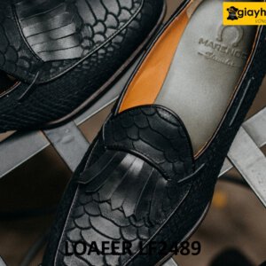 Giày lười nam da lộn màu đen vân cá sấu loafer LF2489 002