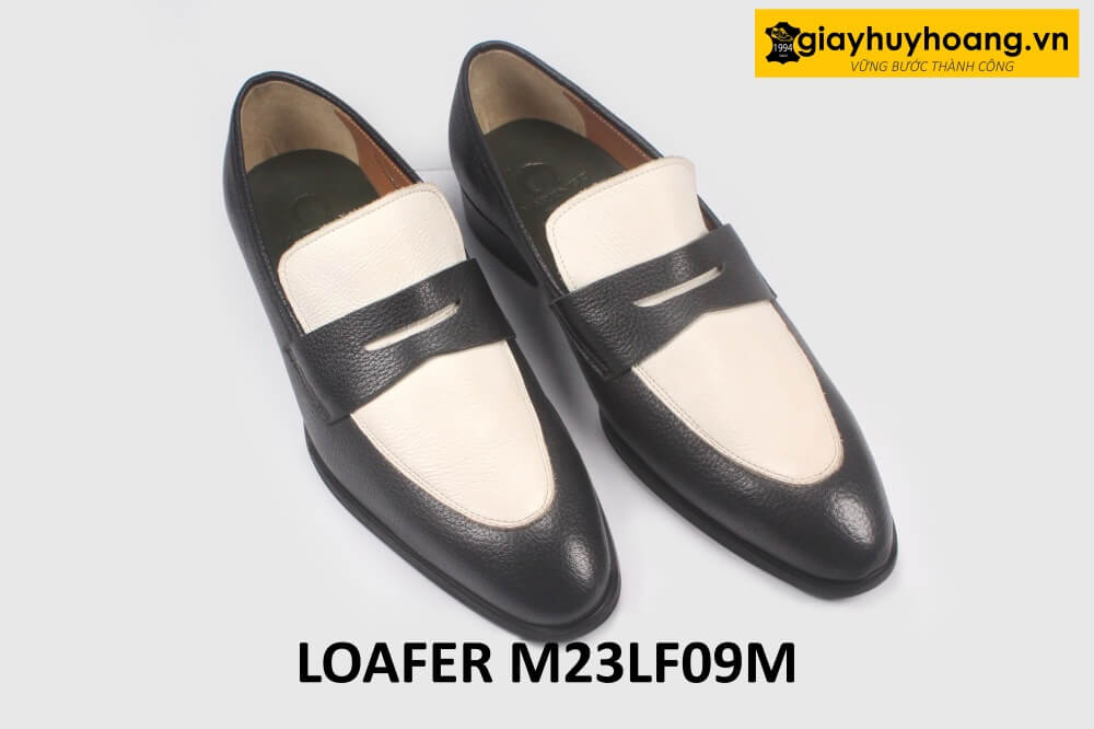 ban-giay-luoi-da-nam-cao-cap-loafer-m23lf09m-003 Giày lười nam vân hạt màu đen phối trắng Loafer LF09M 003
