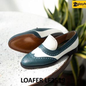 Giày lười da hạt nam màu trắng phối xanh loafer LF2519 003