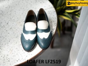Giày lười da hạt nam màu trắng phối xanh loafer LF2519 002