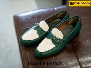 Giày da nam đẹp lạ màu xanh lam phối trắng loafer LF2524 002