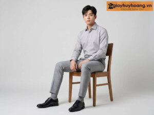Mẫu nam mặc quần tây công sở màu xám phối giày tây da nam derby màu đen m1823