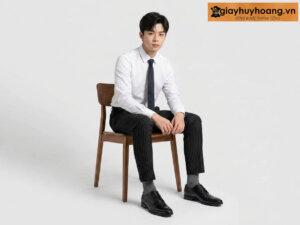 Mẫu nam mặc quần tây công sở màu đen phối giày tây da nam derby màu đen m18