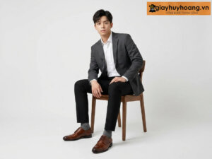Mẫu nam mặc quần tây công sở màu xanh navy phối giày tây da nam derby màu nâu m7