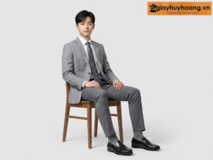 Mẫu nam mặc quần tây công sở màu xám phối giày tây da nam lười không dây loafer m2416 màu đen