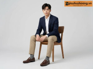 Mẫu nam mặc quần tây công sở màu kem phối giày tây da nam lười không dây loafer m2416 màu nâu