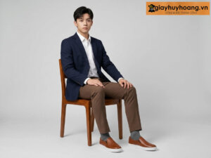 Mẫu nam mặc quần tây công sở màu nâu phối giày tây da nam lười không dây loafer m2418