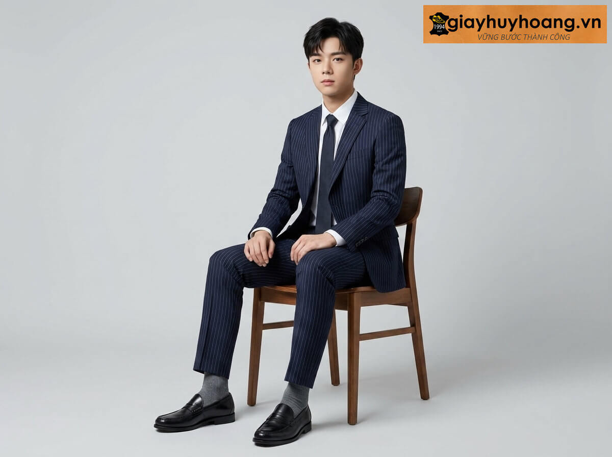 mau-mac-quan-tay-phoi-voi-giay-da-nam-loafer-m25n-01 Mẫu nam mặc quần tây công sở màu xanh navy phối giày tây da nam lười không dây loafer lười M25N màu đen