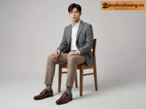 Mẫu nam mặc quần tây công sở màu kem phối giày tây da nam lười không dây monkstrap m33 màu nâu