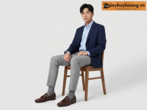 Mẫu nam mặc quần tây công sở màu xám phối giày tây da nam lười không dây loafer m47 màu nâu
