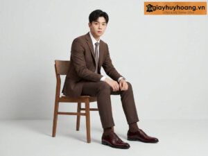 Mẫu mặc quần tây nâu phối với giày tây nam oxford màu đỏ đô azz01