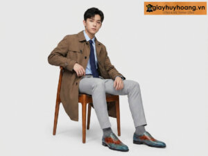 Mẫu vest quần tây xám mặc giày tây đóng thủ công patina cao cấp