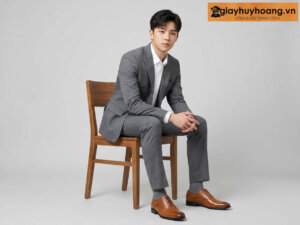 Mẫu mặc vest quần tây màu xám phối với giày tây nam oxford màu bò m53