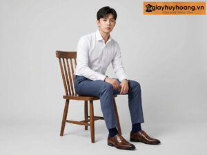 Mẫu mặc quần tây màu xanh phối với giày tây nam oxford màu nâu sp1231