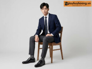 Mẫu mặc quần áo vest màu xanh navy phối với quần tây màu đen nam oxford U1940