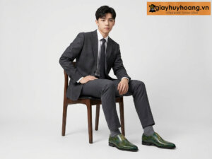 Người mẫu nam công sở mặc áo vest xám đậm phối giày tây oxford nam 39M