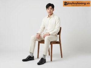 Người mẫu nam công sở mặc áo vest màu kem phối giày tây oxford nam đen captoe mglo0323