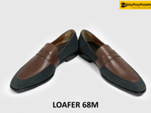 Giày lười Loafer nam size to 46 da lộn xanh phối nâu 68M 004