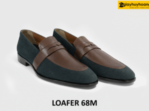 Giày lười Loafer nam size to 46 da lộn xanh phối nâu 68M 003
