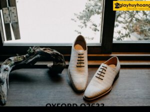 Giày tây oxford nam da cá sấu trắng bạch tạng O2633 001