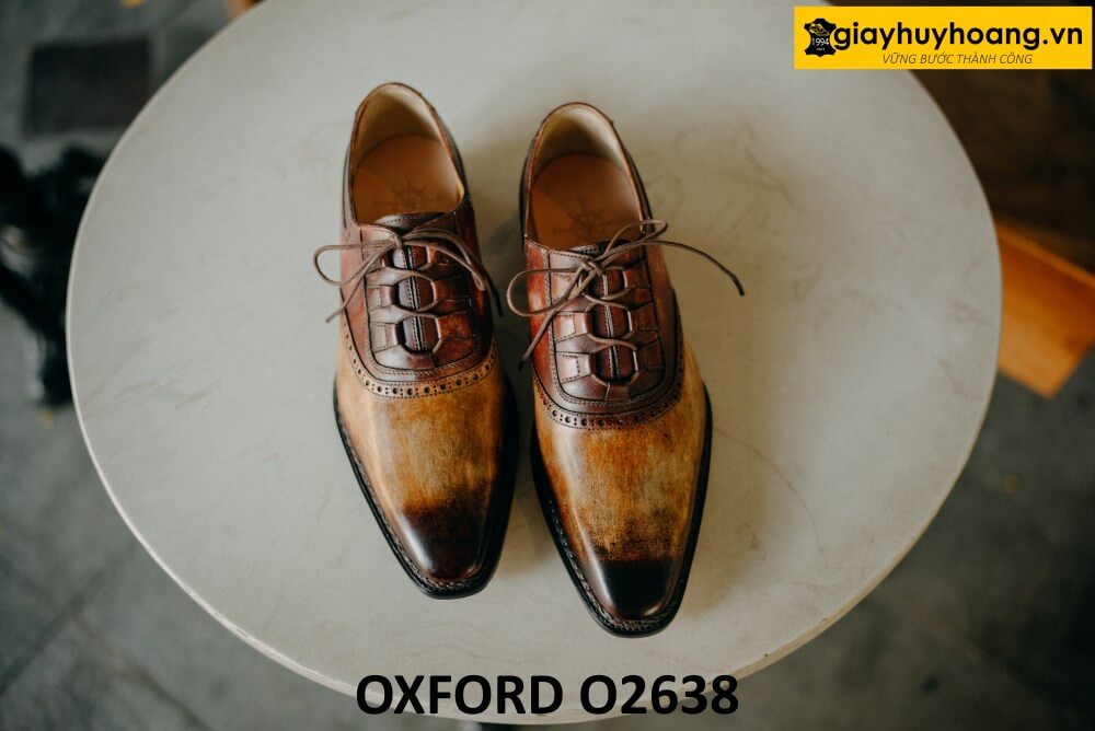 dat-dong-giay-da-nam-thu-cong-oxford-o2638-003 Giày da nam oxford nhuộm màu vàng patina nâu O2638 001